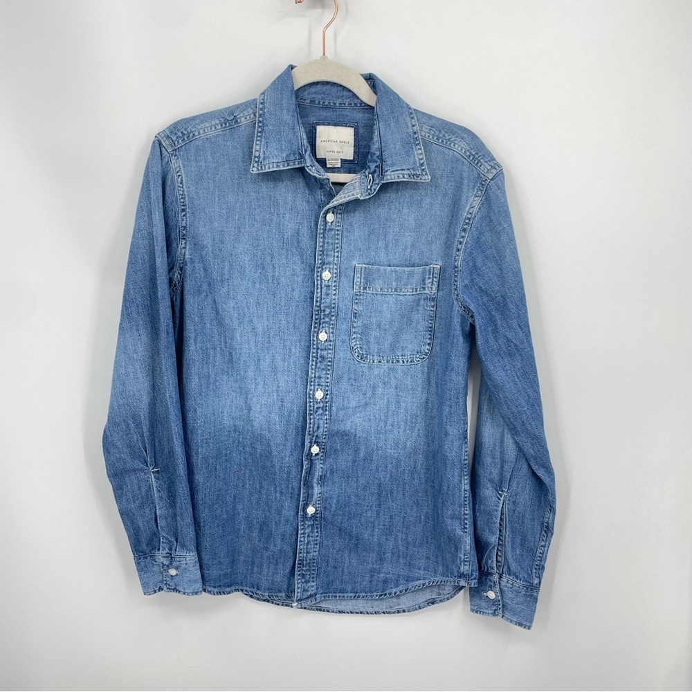 NWT American Eagle‎ Super Soft Chambray pocket blue button up shirt Sz XS